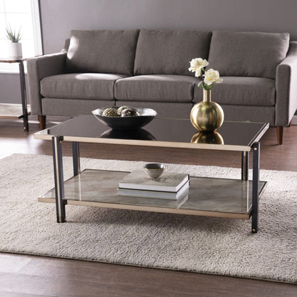43" Champagne Mirrored And Metal Rectangular Mirrored Coffee Table