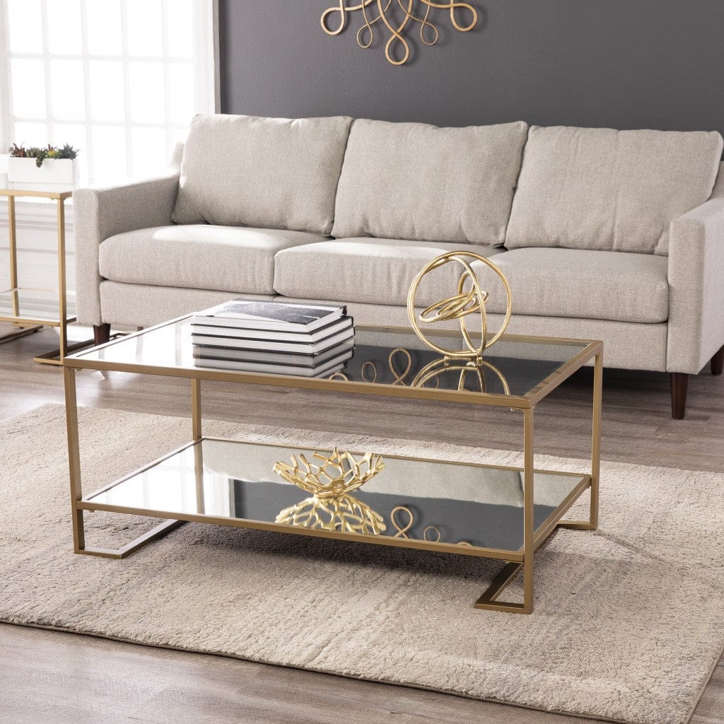 42" Gold Glass And Metal Rectangular Mirrored Coffee Table