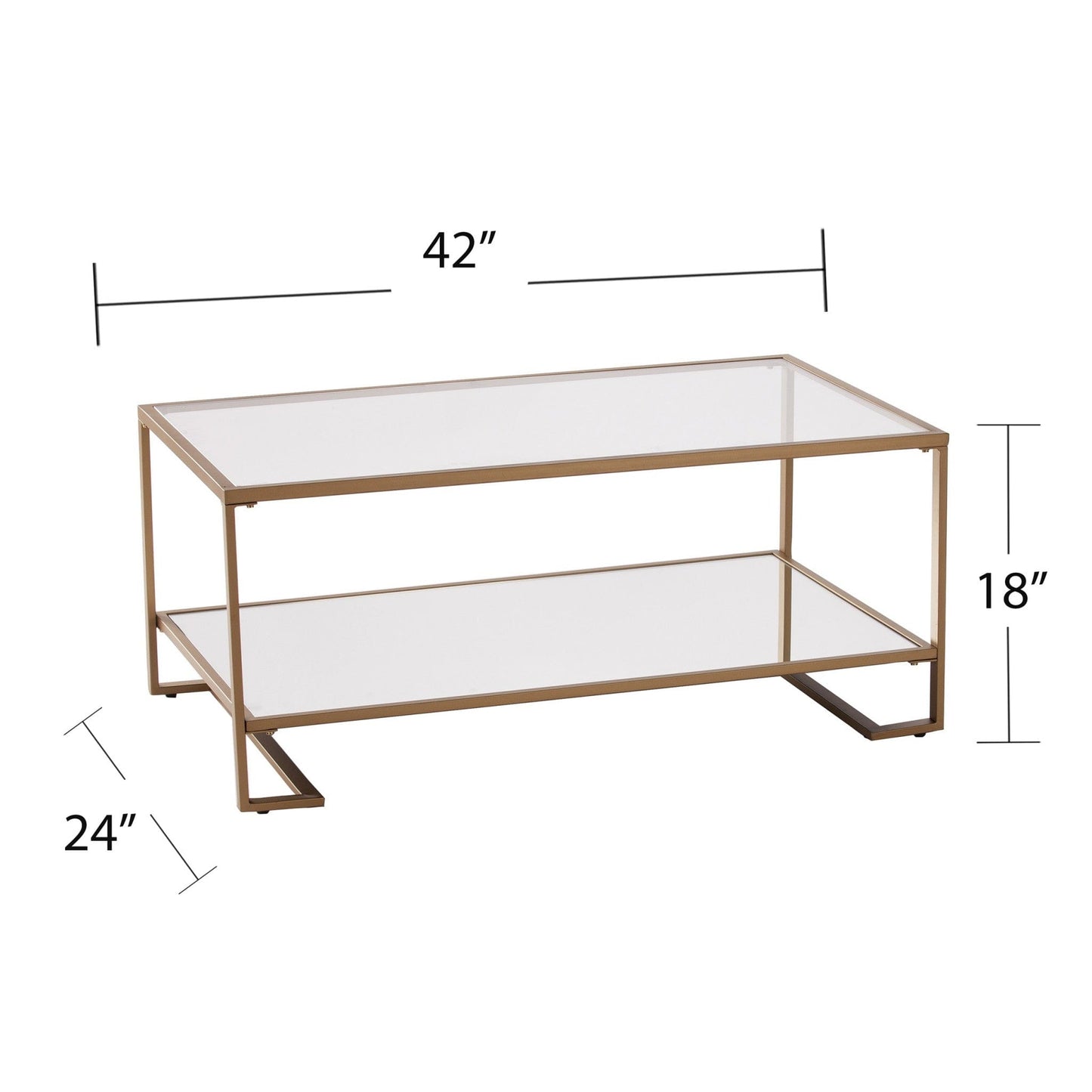 42" Gold Glass And Metal Rectangular Mirrored Coffee Table