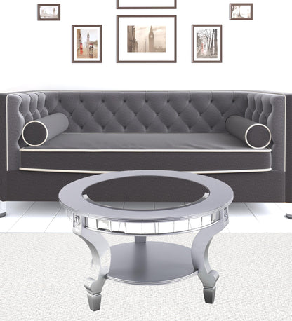 29" Silver Mirrored And Metal Round Mirrored Coffee Table