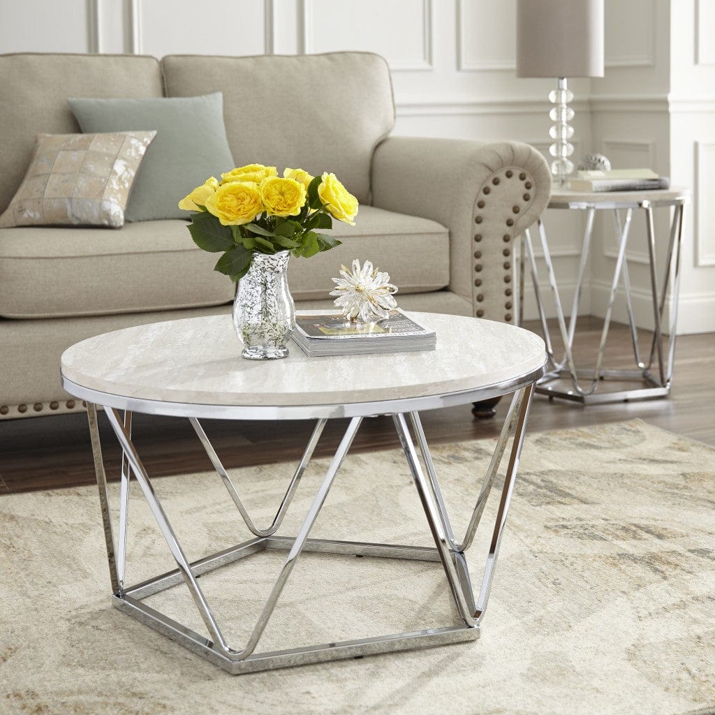 33" Silver Manufactured Wood And Metal Round Coffee Table