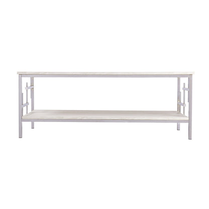 47" Chrome And White Faux Marble Rectangular Coffee Table