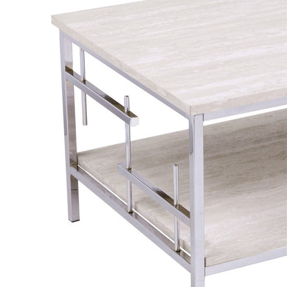 47" Chrome And White Faux Marble Rectangular Coffee Table