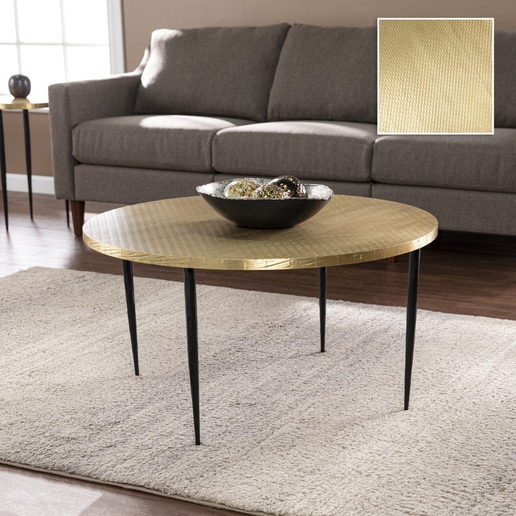 34" Black And Gold Embossed Metal Round Coffee Table