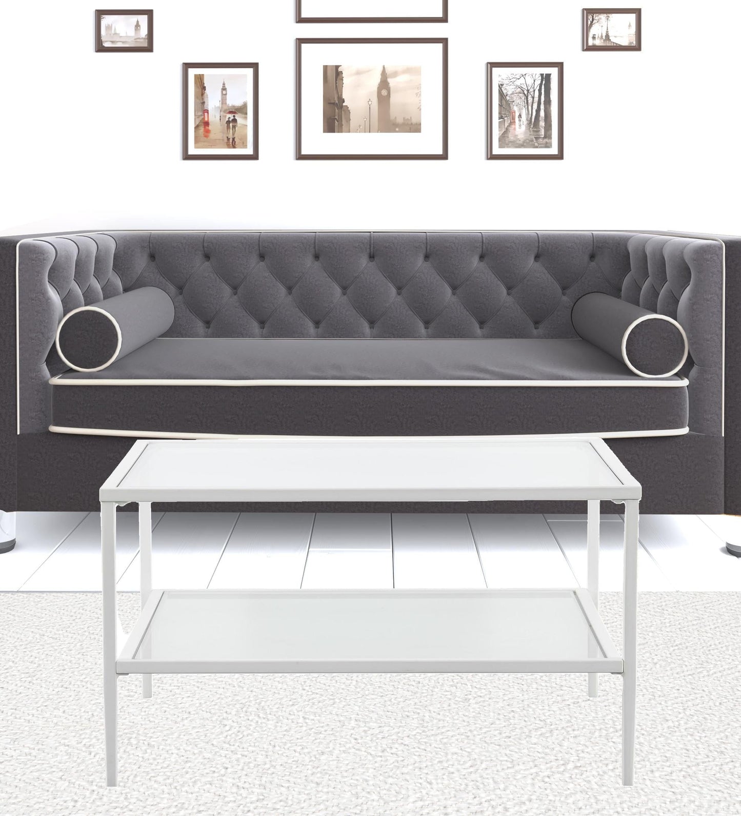 32" White Glass And Metal Square Coffee Table