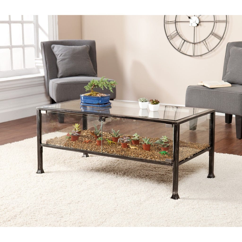 43" Black Glass And Metal Rectangular Coffee Table