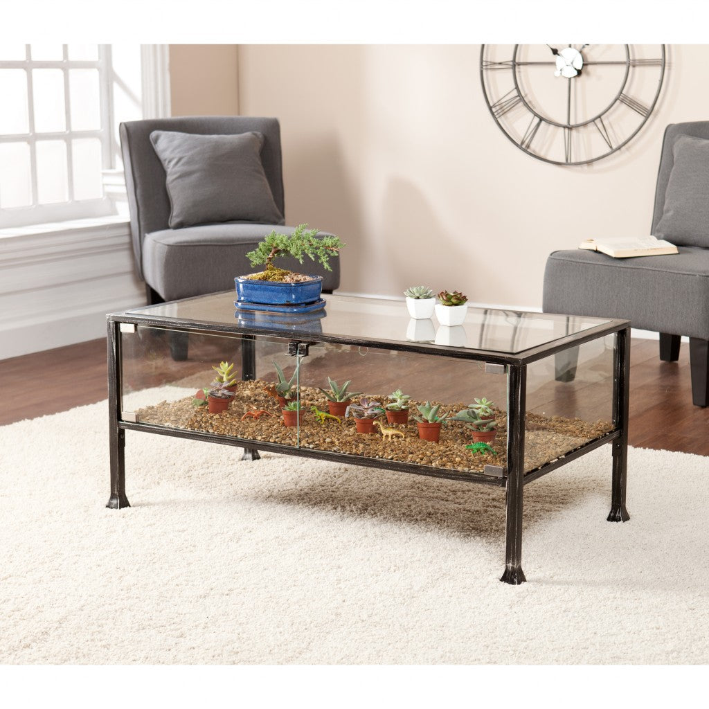 43" Black Glass And Metal Rectangular Coffee Table
