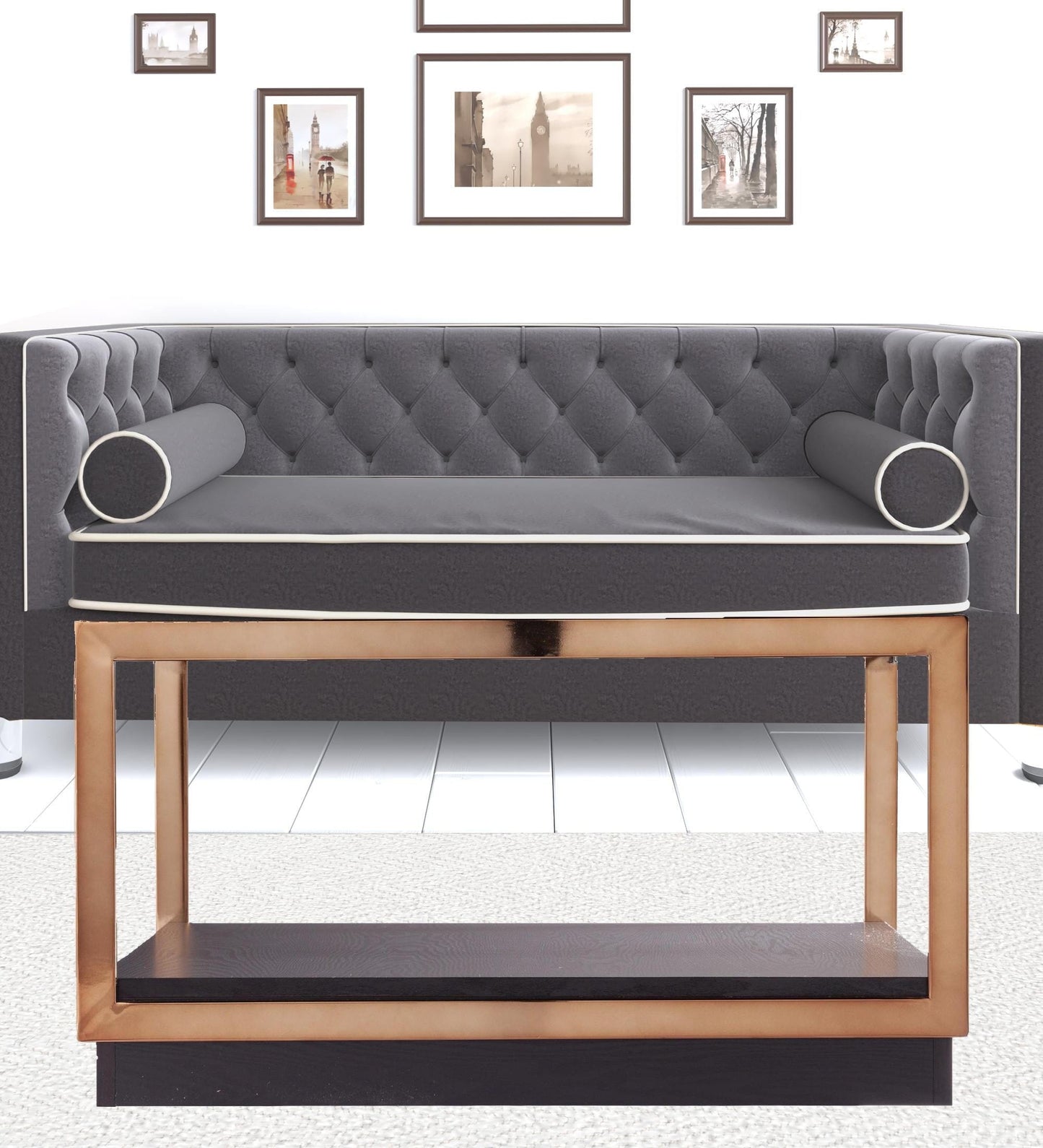 33" Champagne Glass And Solid Manufactured Wood Square Coffee Table