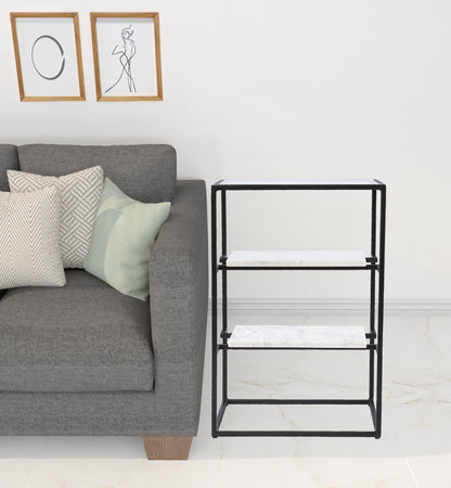 24" Black Glass and Marble Rectangular End Table With Two Shelves