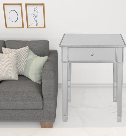 29" Silver And Reflective Glass Square Mirrored End Table