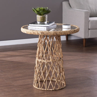 25" Brown And Natural Rattan Round End Table