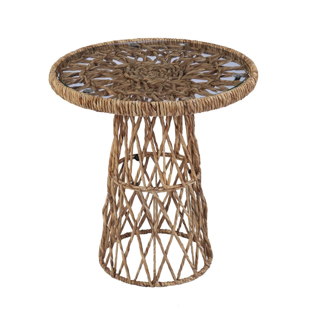 25" Brown And Natural Rattan Round End Table