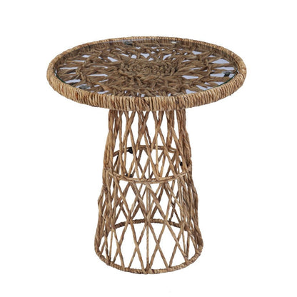 25" Brown And Natural Rattan Round End Table