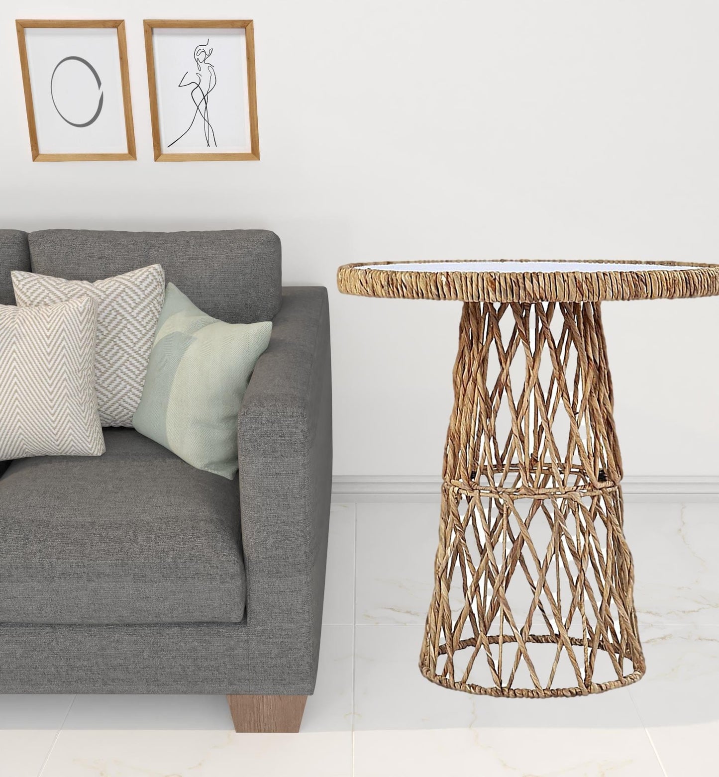 25" Brown And Natural Rattan Round End Table