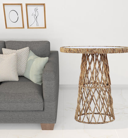 25" Brown And Natural Rattan Round End Table