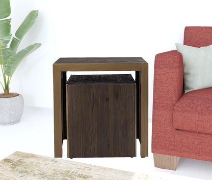 Set Of Two 19" Gray Solid Wood and Gold Chunky Nested End Tables