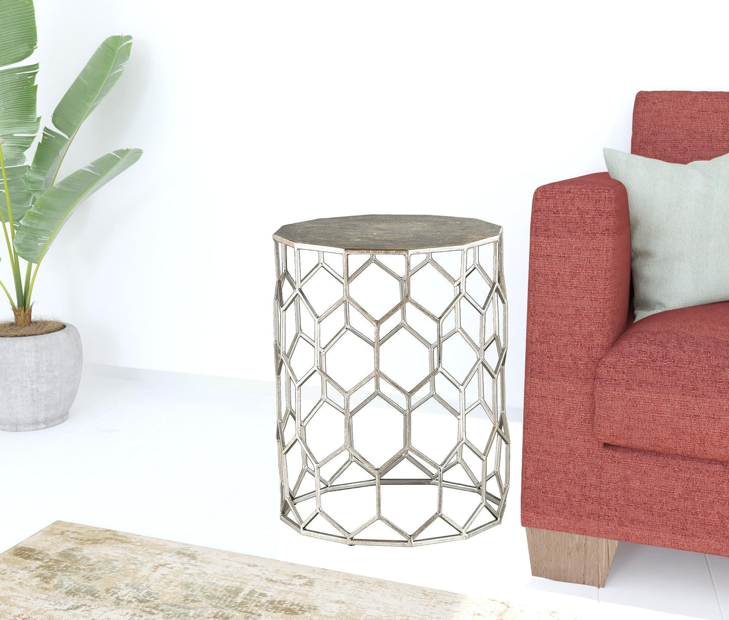 18" Antiqued Gold Honeycomb Hexagonal End Table