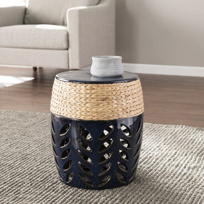 18" Navy Blue Ceramic Tile And Faux Concrete Round End Table