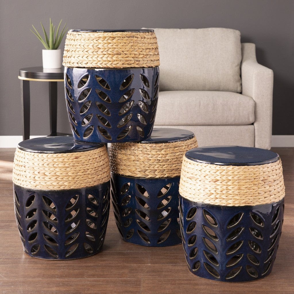 18" Navy Blue Ceramic Tile And Faux Concrete Round End Table