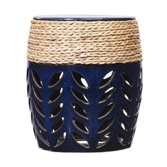 18" Navy Blue Ceramic Tile And Faux Concrete Round End Table