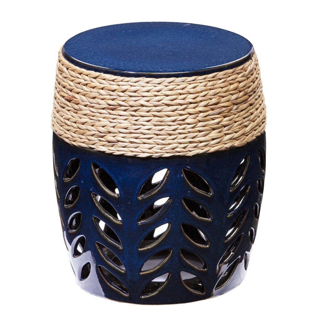 18" Navy Blue Ceramic Tile And Faux Concrete Round End Table