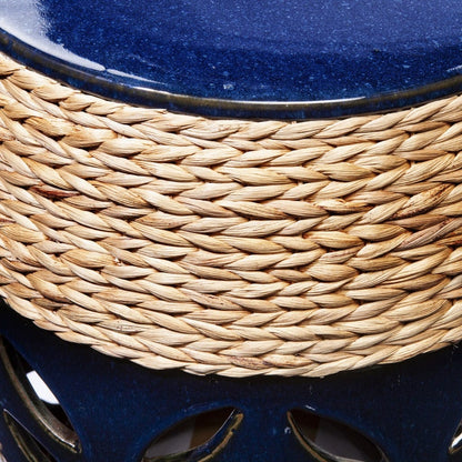 18" Navy Blue Ceramic Tile And Faux Concrete Round End Table