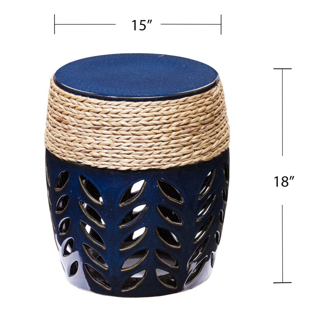 18" Navy Blue Ceramic Tile And Faux Concrete Round End Table