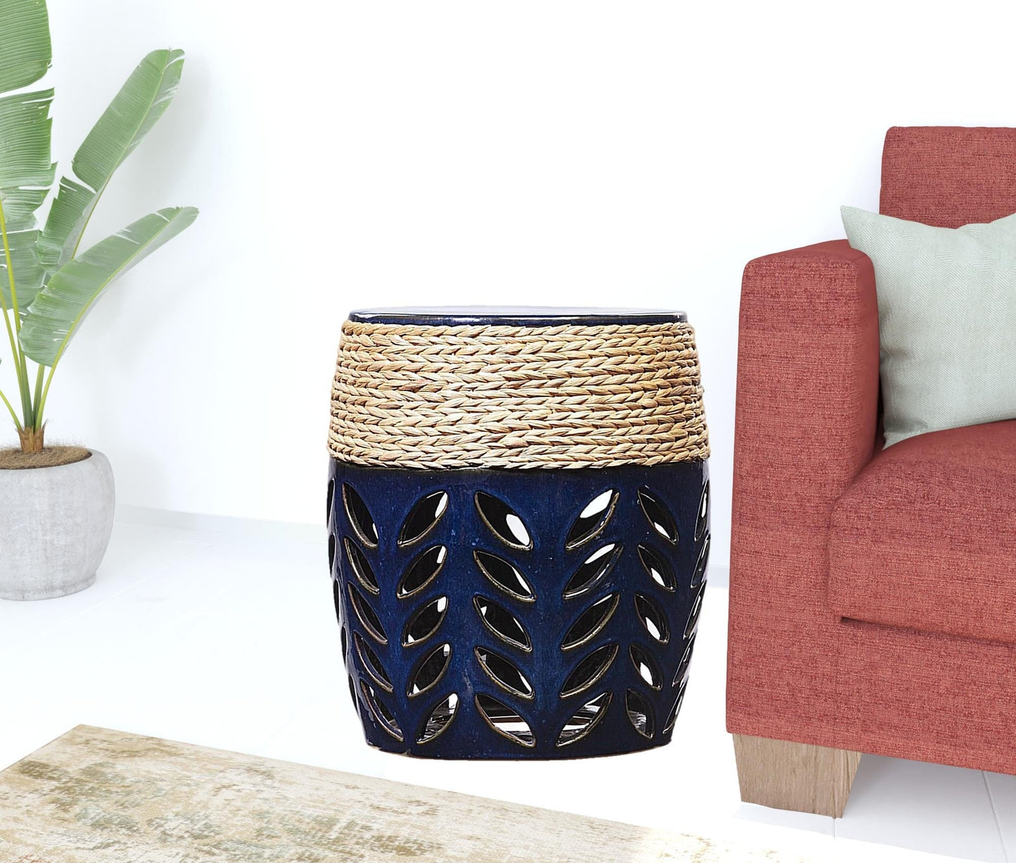 18" Navy Blue Ceramic Tile And Faux Concrete Round End Table