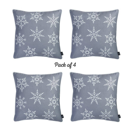 Set of 4 Gray and White Snowflakes Throw Pillows