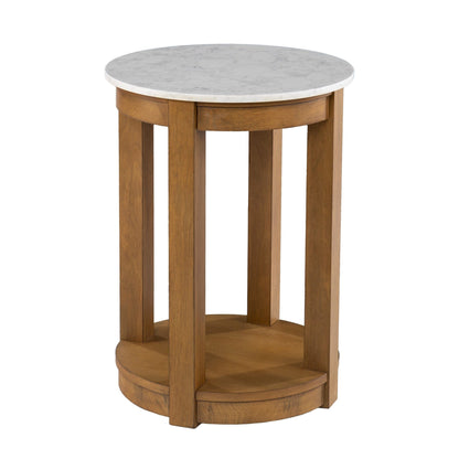 22" Natural Wood And White Faux Marble Manufactured Wood Round End Table With Shelf