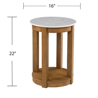 22" Natural Wood And White Faux Marble Manufactured Wood Round End Table With Shelf