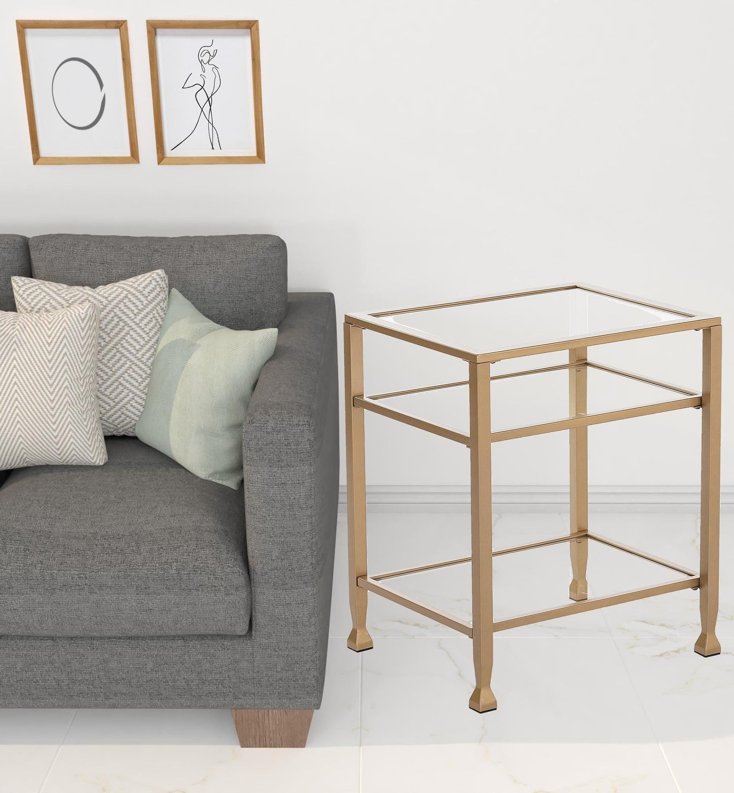 24" Gold Glass And Iron Rectangular End Table With Two Shelves