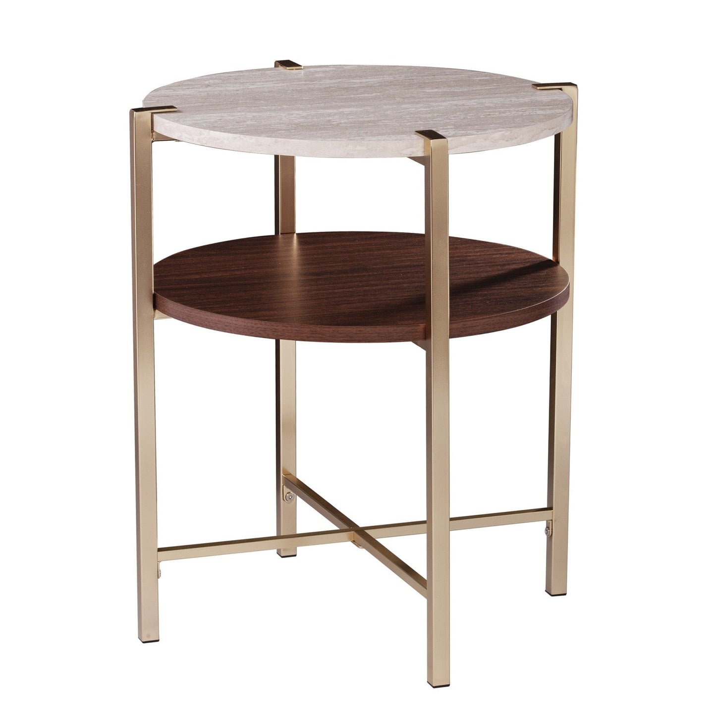 24" Brass Manufactured Wood And Iron Round End Table With Shelf
