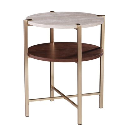 24" Brass Manufactured Wood And Iron Round End Table With Shelf