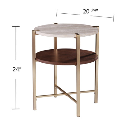 24" Brass Manufactured Wood And Iron Round End Table With Shelf