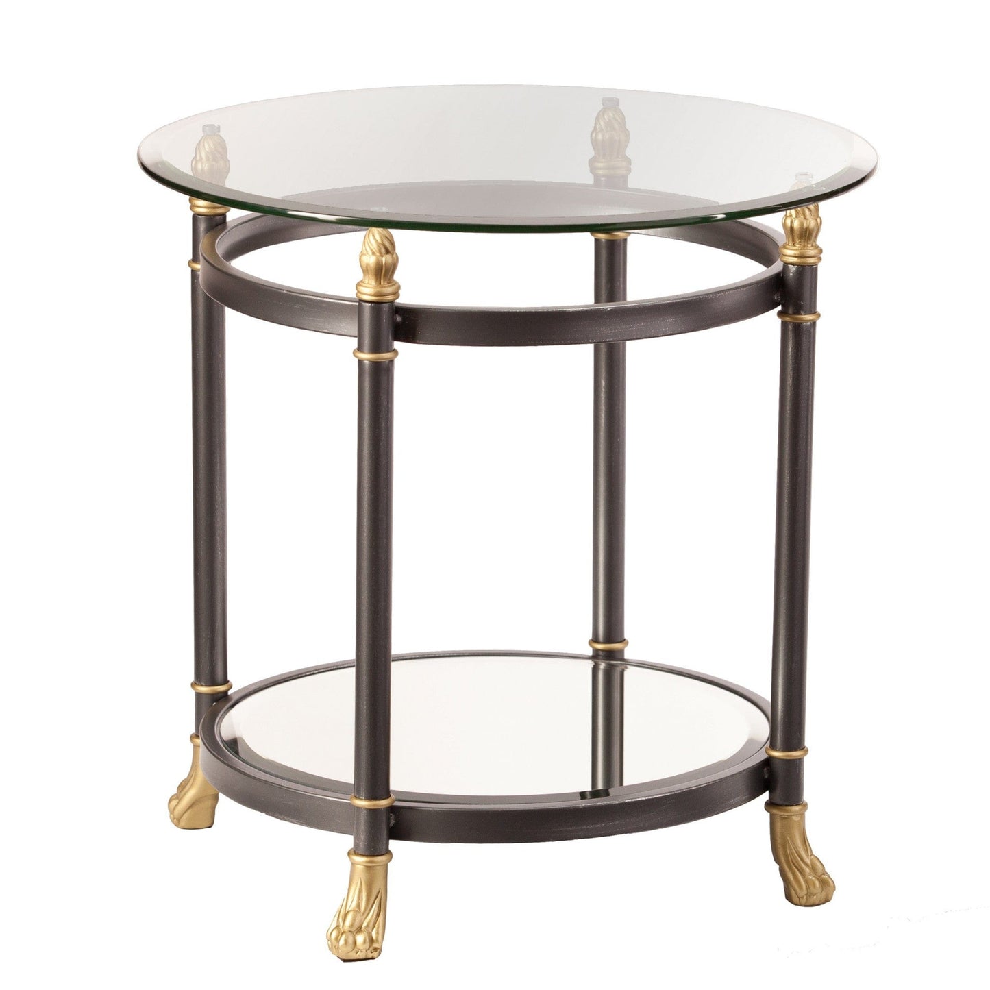 21" Gray Glass And Iron Round Mirrored End Table