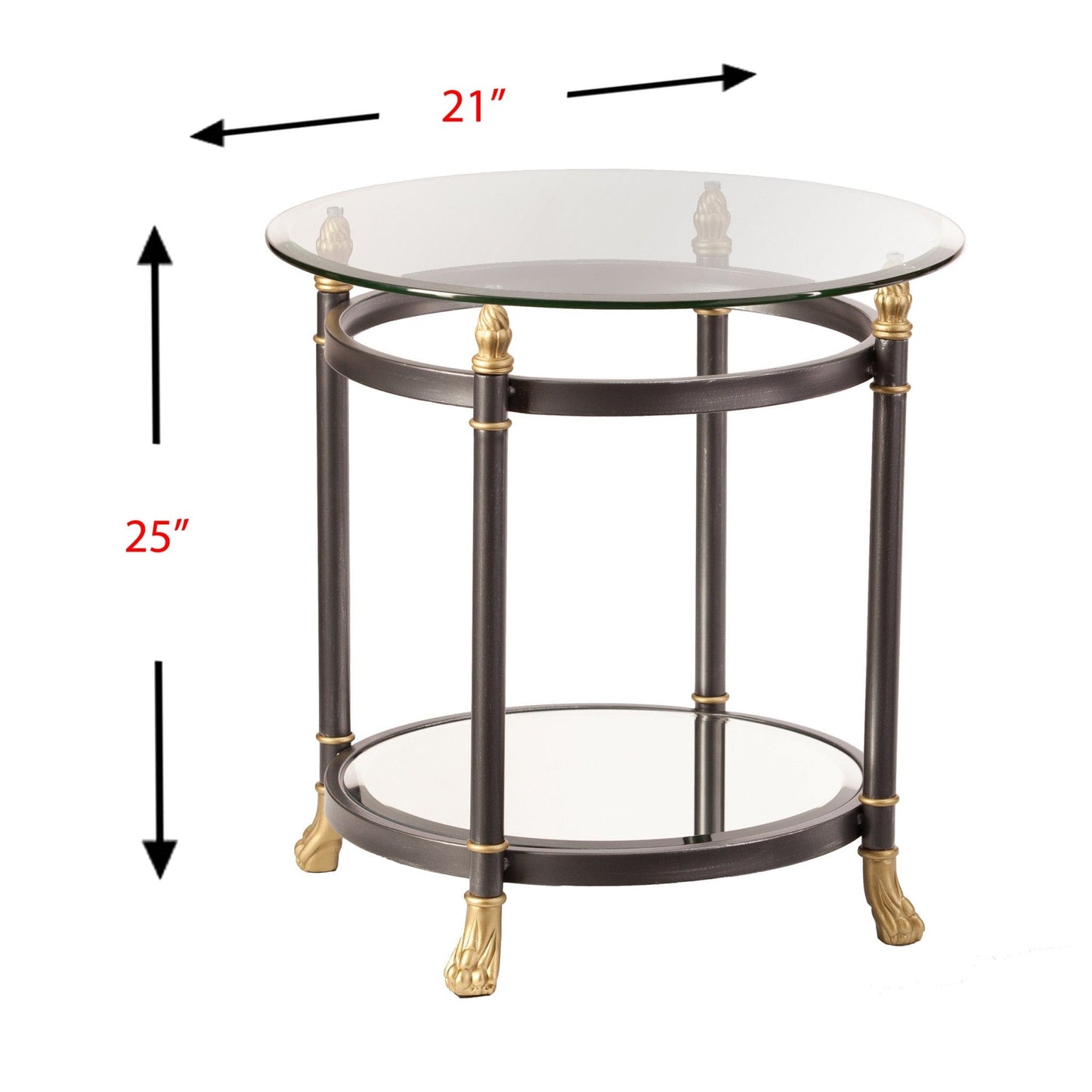 21" Gray Glass And Iron Round Mirrored End Table