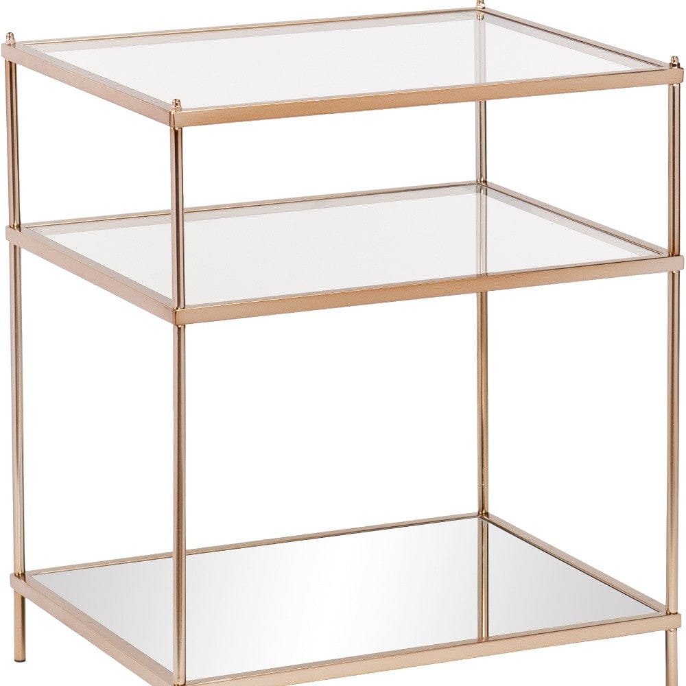 27" Gold Glass And Iron Square Mirrored End Table With Shelf
