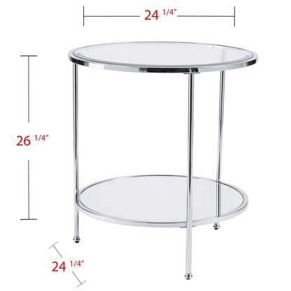 26" Chrome Glass And Iron Round Mirrored End Table With Shelf