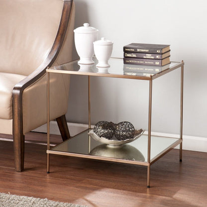 22" Gold Glass And Iron Square Mirrored End Table