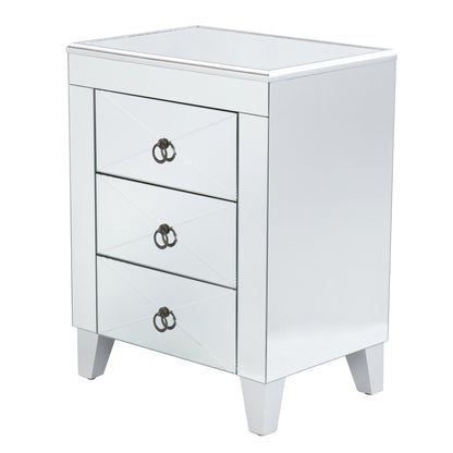26" Silver Manufactured Wood And Iron Rectangular Mirrored End Table With Three Drawers And