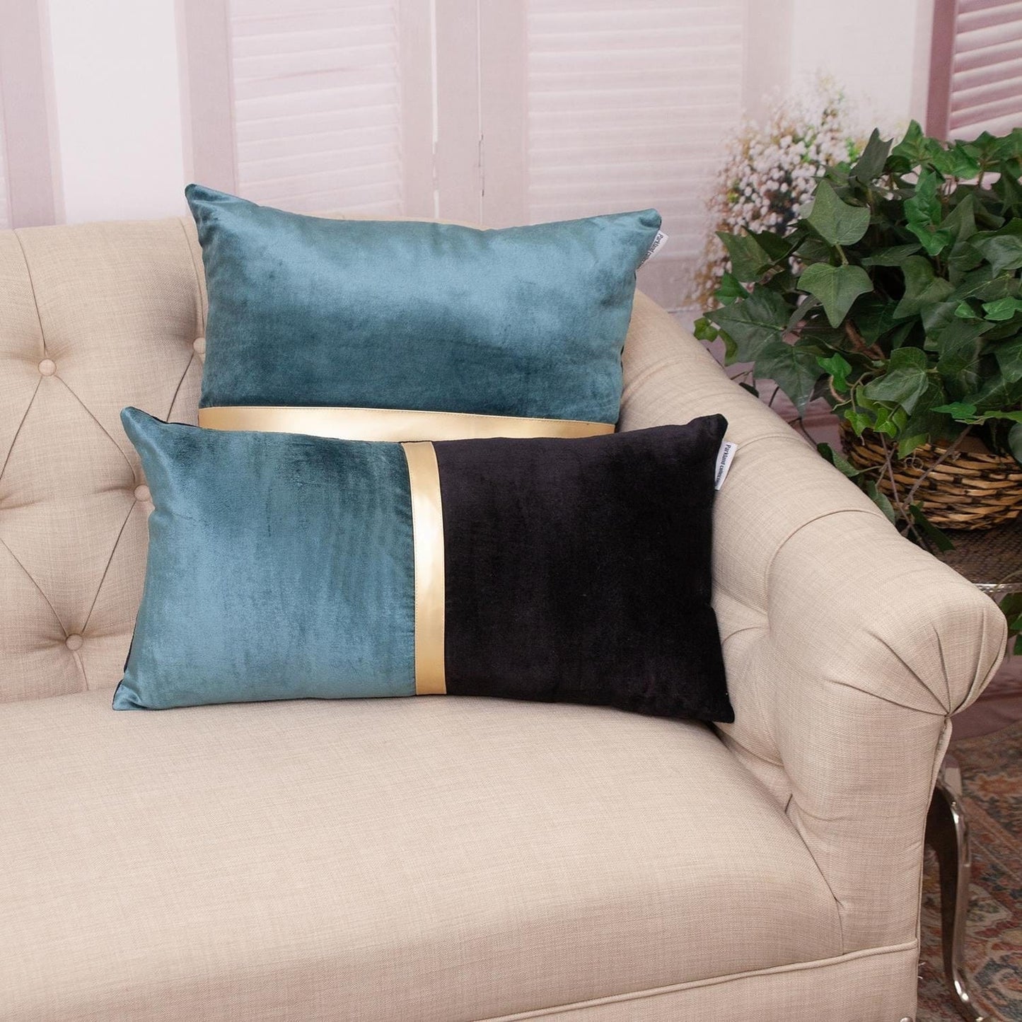 Teal Gold and Black Tufted Velvet Square Pillow