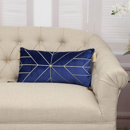 Blue and Gold Geo Velvet Lumbar Pillow with Gold Tassels