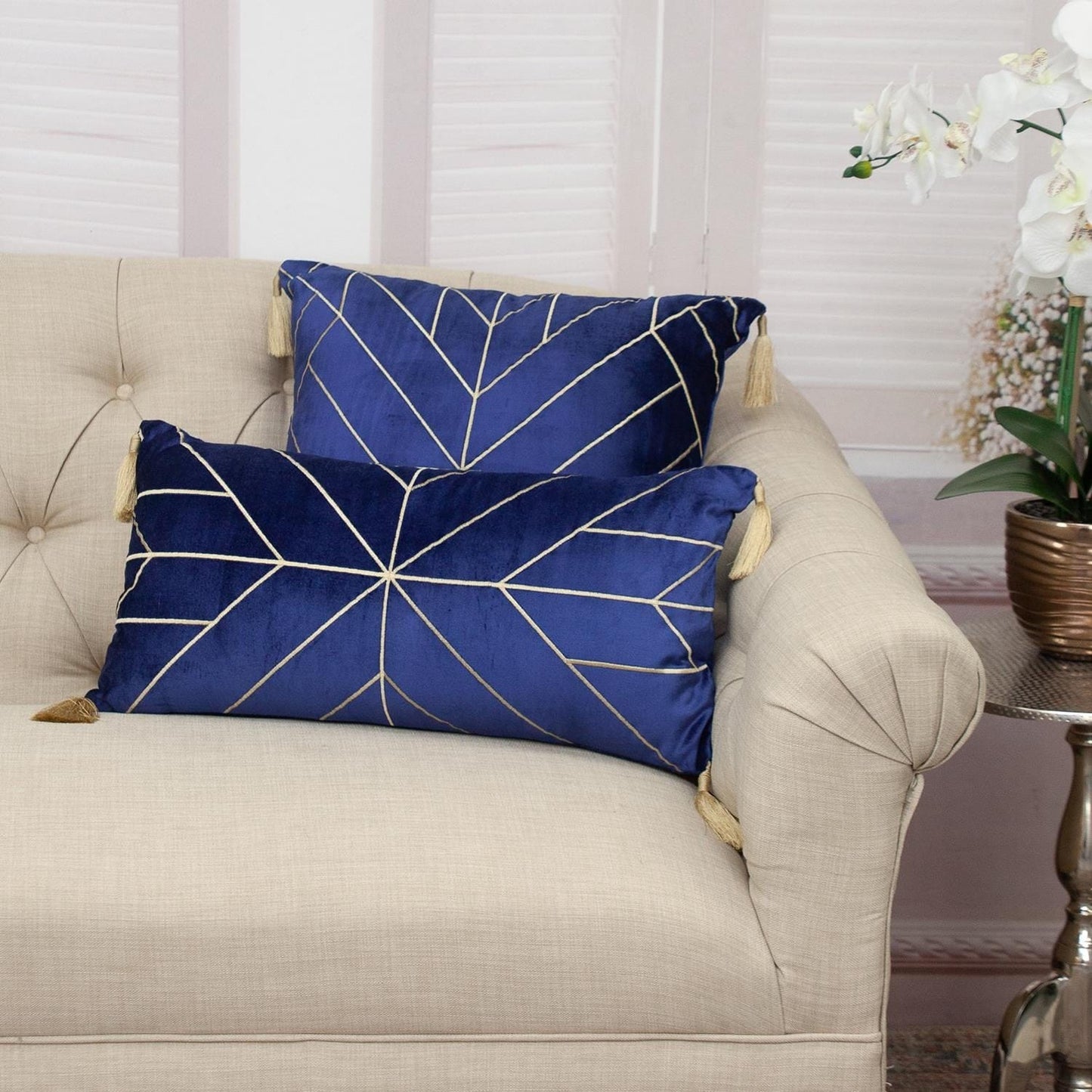 Blue and Gold Geo Velvet Lumbar Pillow with Gold Tassels