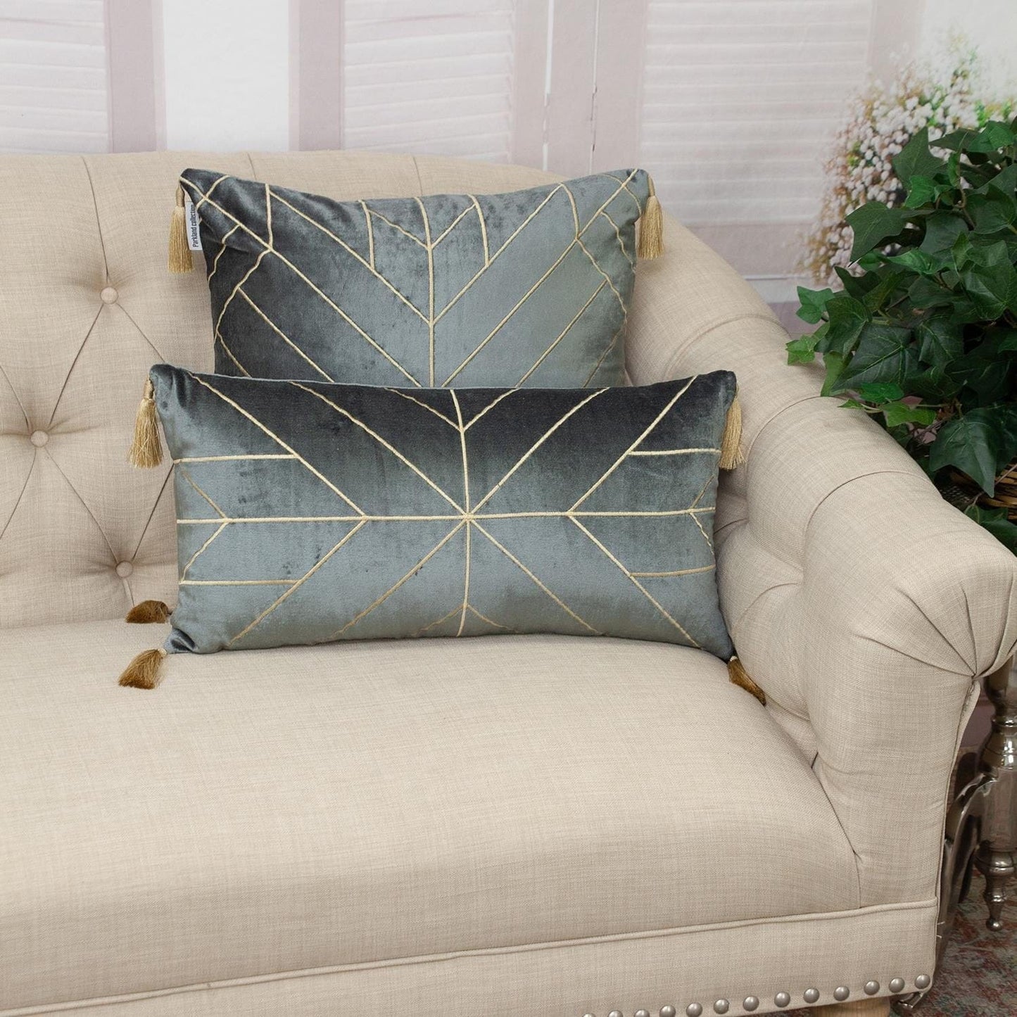 Charcoal and Gold Geo Velvet Throw Pillow with Gold Tassels