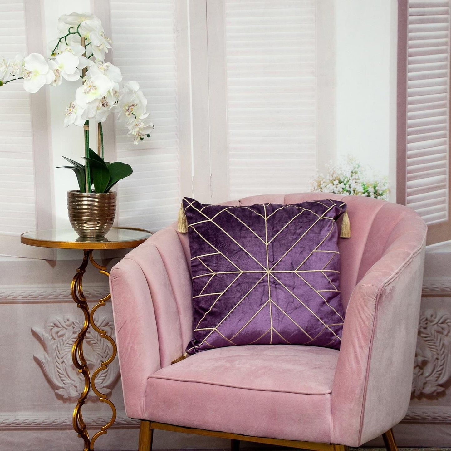 Dark Purple and Gold Geo Velvet Throw Pillow with Gold Tassels