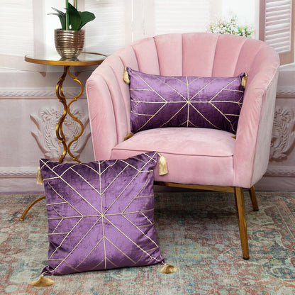 Dark Purple and Gold Geo Velvet Lumbar Pillow with Gold Tassels