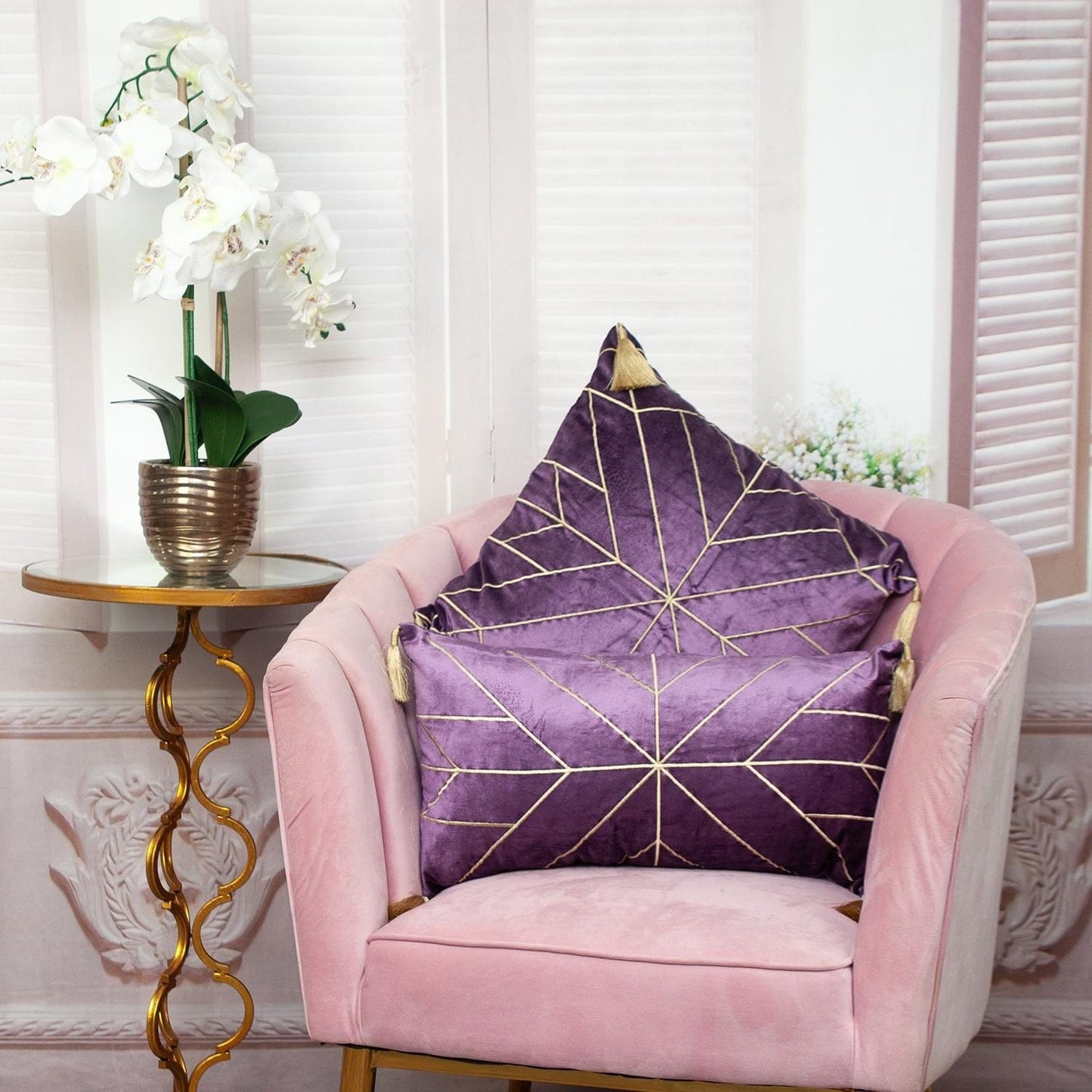 Dark Purple and Gold Geo Velvet Lumbar Pillow with Gold Tassels