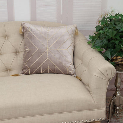 Taupe and Gold Geo Velvet Throw Pillow with Gold Tassels