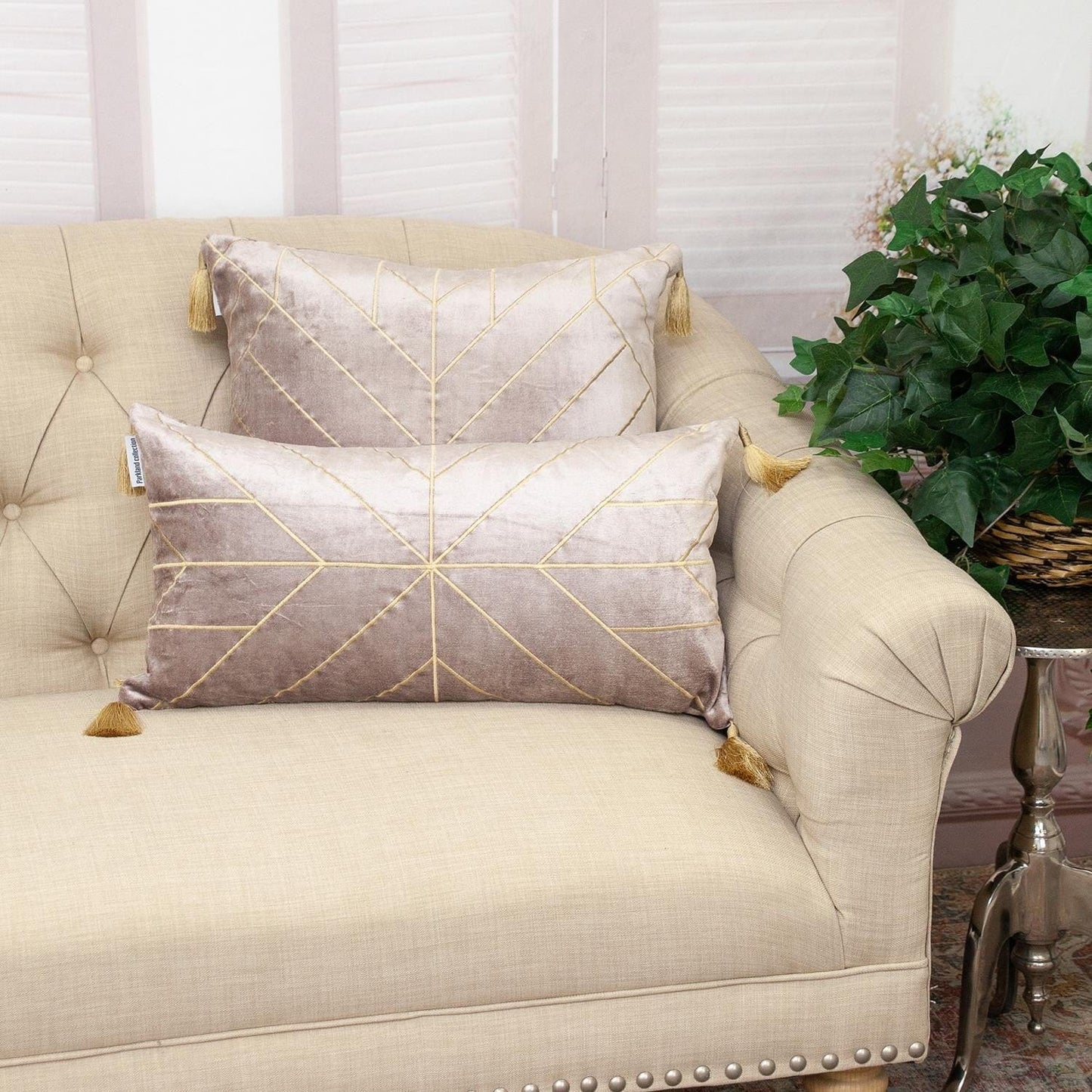 Taupe and Gold Geo Velvet Lumbar Pillow with Gold Tassels